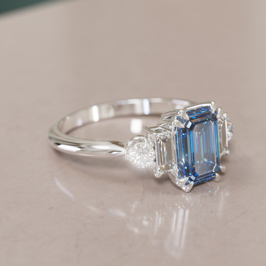 Modern Unique Engagement Ring Emerald Cut Blue Sapphire and Diamonds By Valley Rose