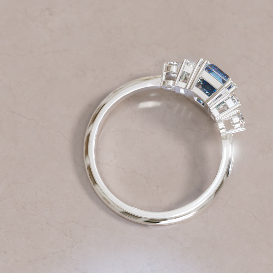 Modern Unique Engagement Ring Emerald Cut Blue Sapphire and Diamonds By Valley Rose