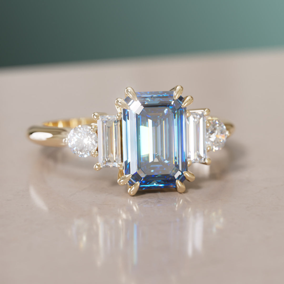 Modern Unique Engagement Ring Emerald Cut Blue Sapphire and Diamonds By Valley Rose