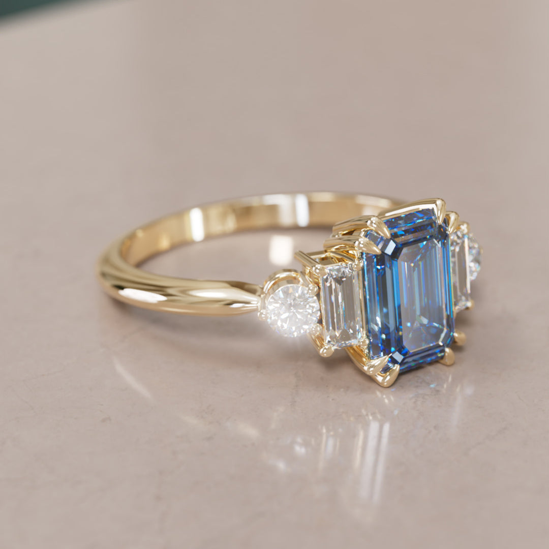 Modern Unique Engagement Ring Emerald Cut Blue Sapphire and Diamonds By Valley Rose