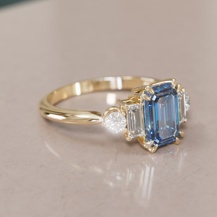 Modern Unique Engagement Ring Emerald Cut Blue Sapphire and Diamonds By Valley Rose
