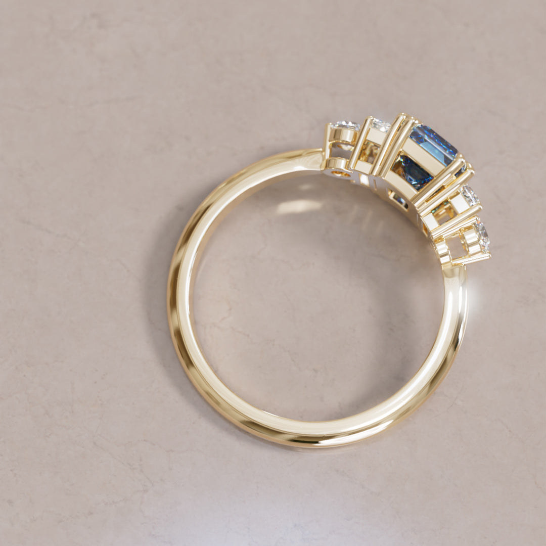 Modern Unique Engagement Ring Emerald Cut Blue Sapphire and Diamonds By Valley Rose