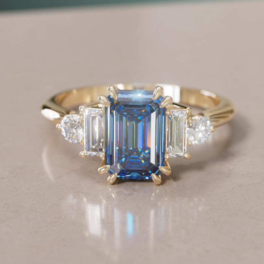 Modern Unique Engagement Ring Emerald Cut Blue Sapphire and Diamonds By Valley Rose