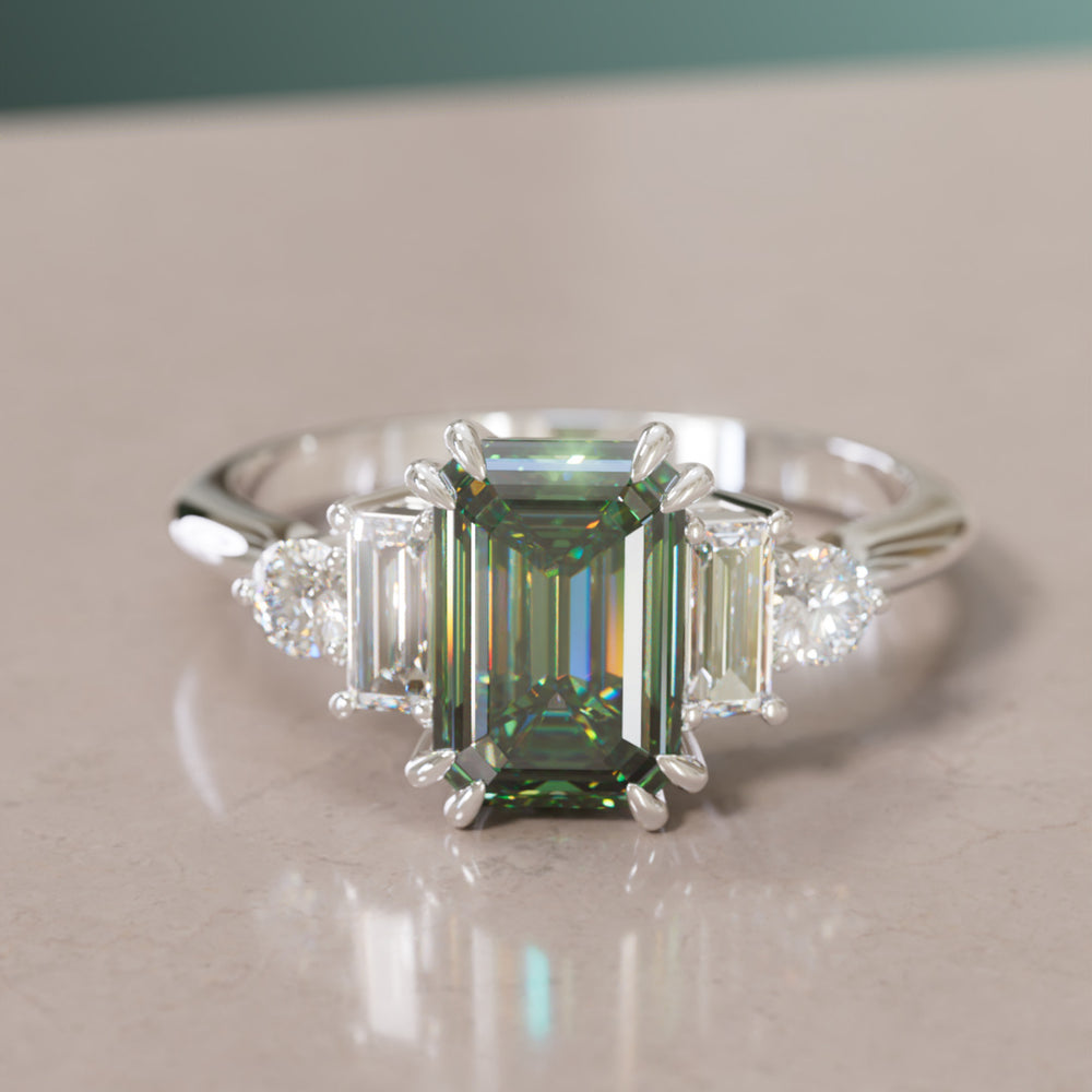 Modern Unique Engagement Ring Emerald Cut Green Sapphire and Diamonds By Valley Rose