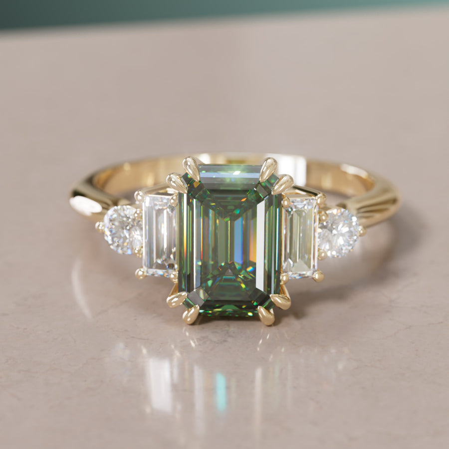 Modern Unique Engagement Ring Emerald Cut Green Sapphire and Diamonds By Valley Rose