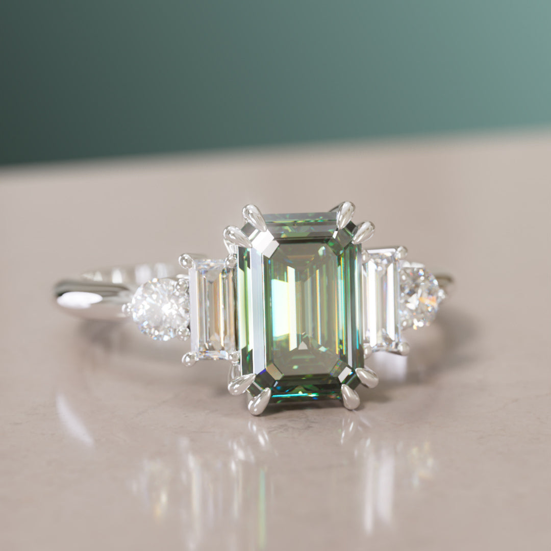 Modern Unique Engagement Ring Emerald Cut Green Sapphire and Diamonds By Valley Rose