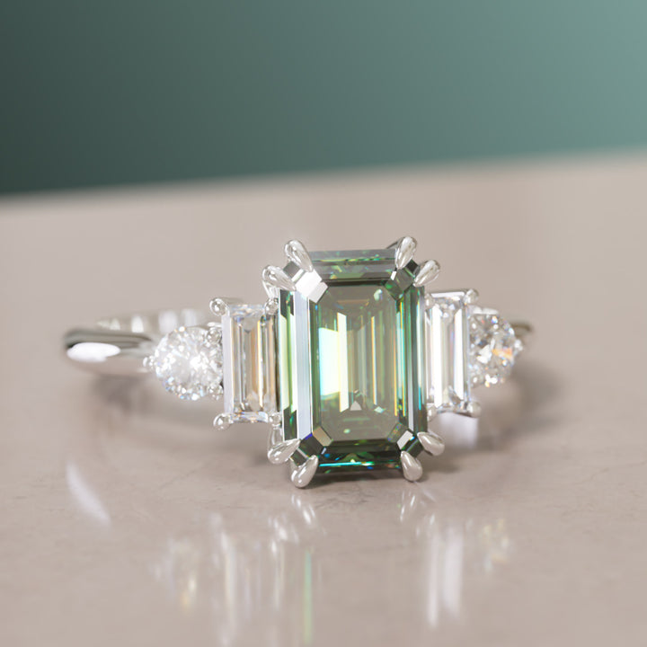 Modern Unique Engagement Ring Emerald Cut Green Sapphire and Diamonds By Valley Rose