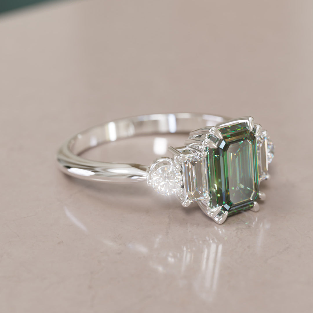 Modern Unique Engagement Ring Emerald Cut Green Sapphire and Diamonds By Valley Rose