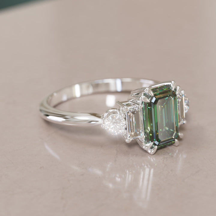 Modern Unique Engagement Ring Emerald Cut Green Sapphire and Diamonds By Valley Rose