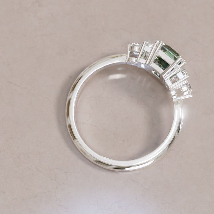 Modern Unique Engagement Ring Emerald Cut Green Sapphire and Diamonds By Valley Rose