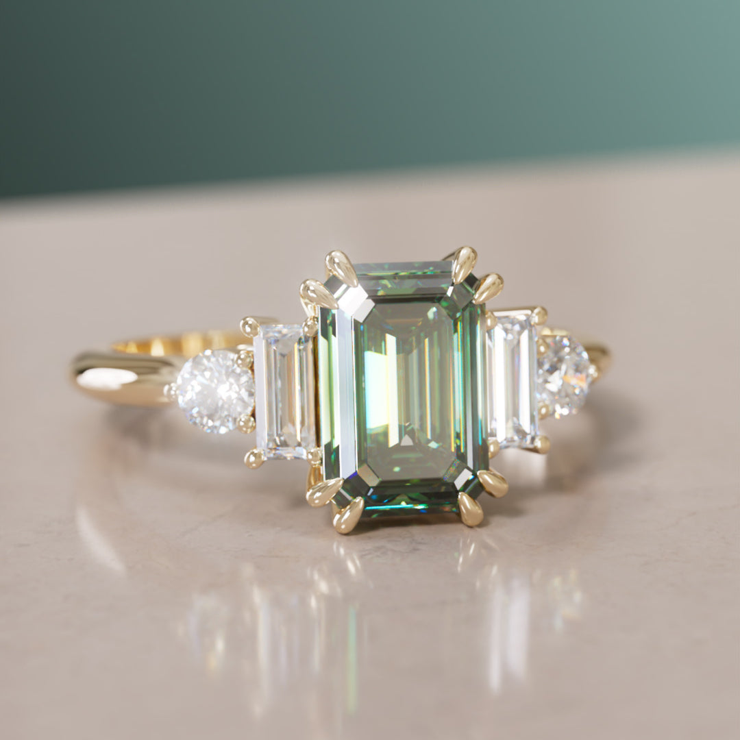 Modern Unique Engagement Ring Emerald Cut Green Sapphire and Diamonds By Valley Rose
