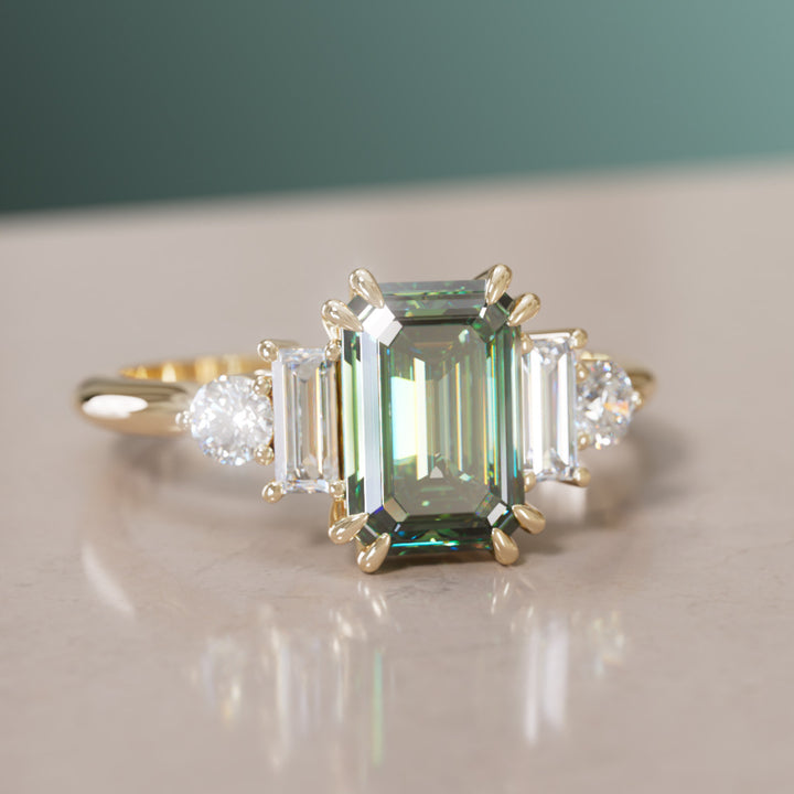 Modern Unique Engagement Ring Emerald Cut Green Sapphire and Diamonds By Valley Rose