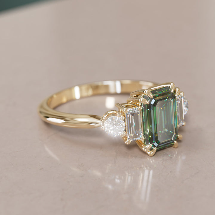 Modern Unique Engagement Ring Emerald Cut Green Sapphire and Diamonds By Valley Rose