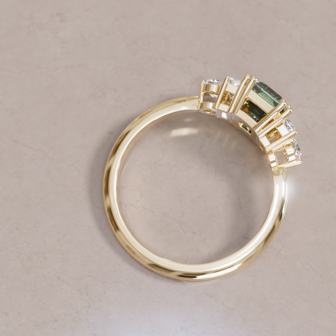 Modern Unique Engagement Ring Emerald Cut Green Sapphire and Diamonds By Valley Rose
