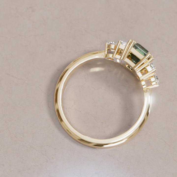 Modern Unique Engagement Ring Emerald Cut Green Sapphire and Diamonds By Valley Rose