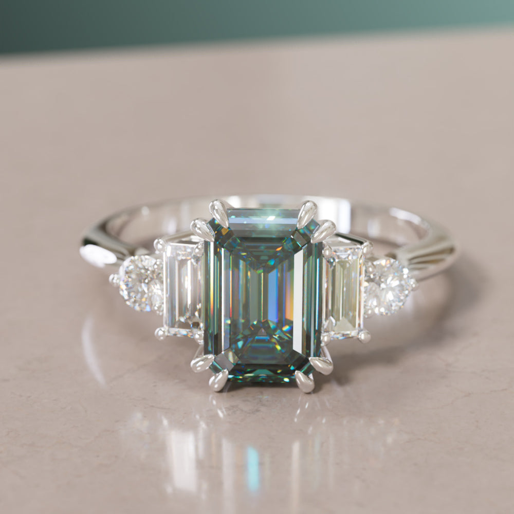 Modern Unique Engagement Ring Emerald Cut Teal Sapphire and Diamonds By Valley Rose