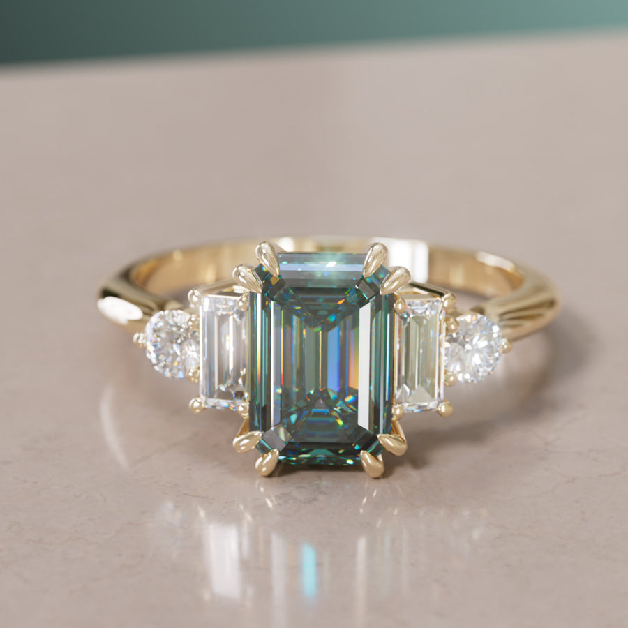Modern Unique Engagement Ring Emerald Cut Teal Sapphire and Diamonds By Valley Rose