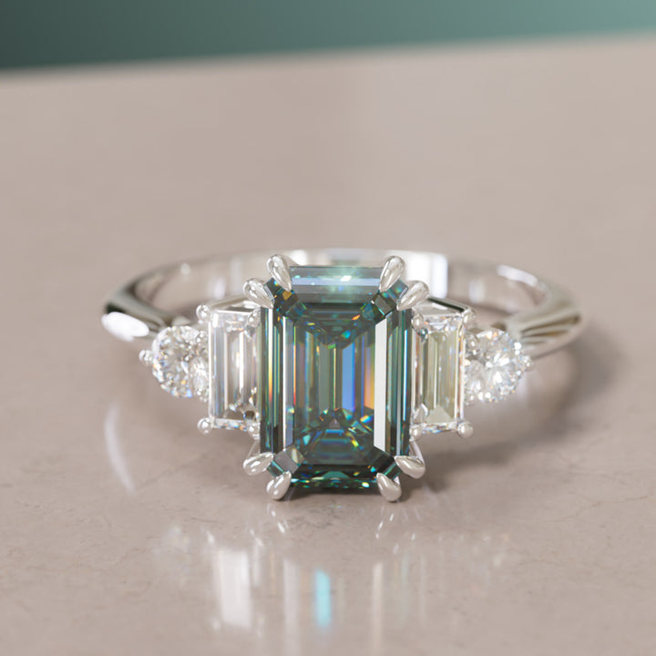 Modern Unique Engagement Ring Emerald Cut Teal Sapphire and Diamonds By Valley Rose