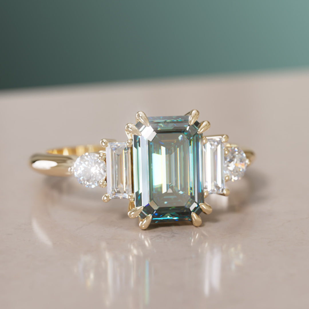 Modern Unique Engagement Ring Emerald Cut Teal Sapphire and Diamonds By Valley Rose