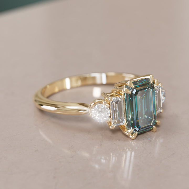 Modern Unique Engagement Ring Emerald Cut Teal Sapphire and Diamonds By Valley Rose