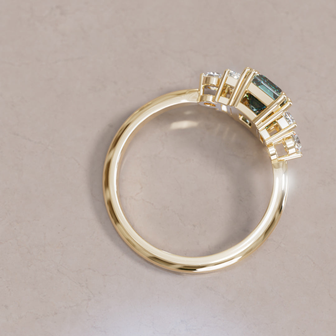Modern Unique Engagement Ring Emerald Cut Teal Sapphire and Diamonds By Valley Rose