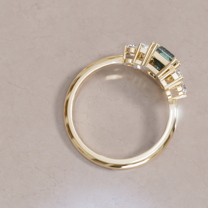 Modern Unique Engagement Ring Emerald Cut Teal Sapphire and Diamonds By Valley Rose