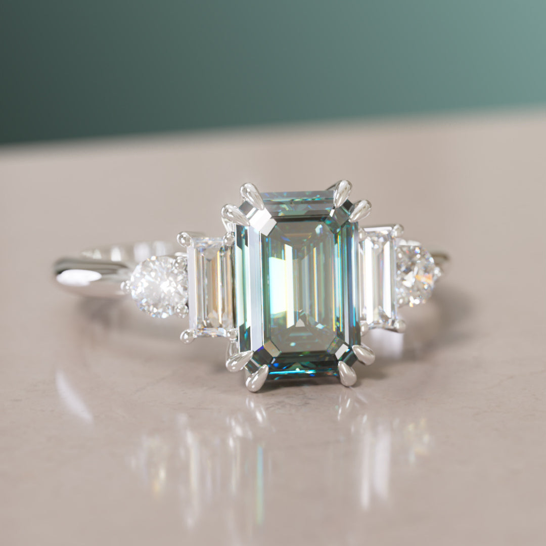 Modern Unique Engagement Ring Emerald Cut Teal Sapphire and Diamonds By Valley Rose