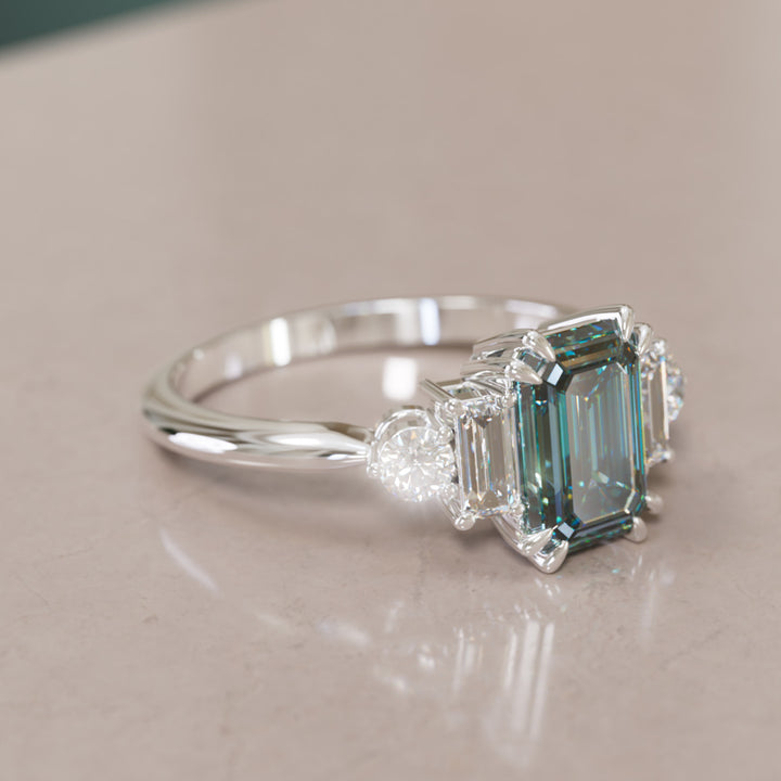 Modern Unique Engagement Ring Emerald Cut Teal Sapphire and Diamonds By Valley Rose