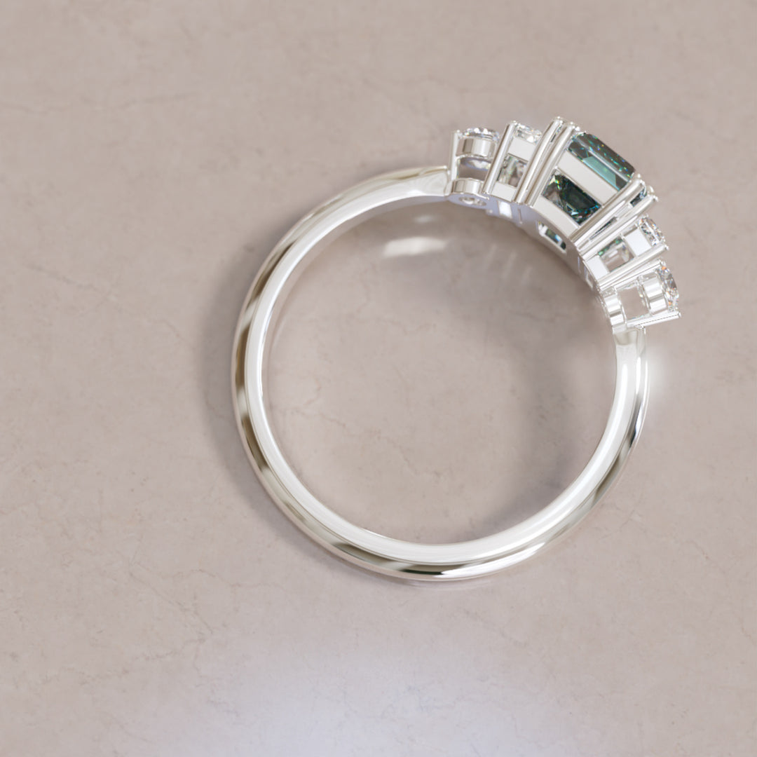 Modern Unique Engagement Ring Emerald Cut Teal Sapphire and Diamonds By Valley Rose