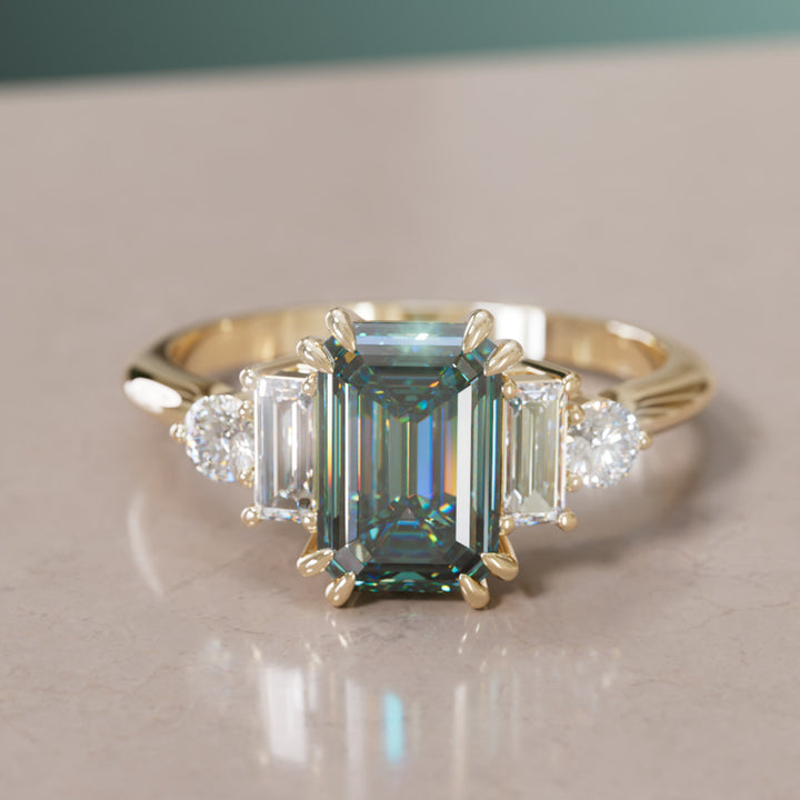 Modern Unique Engagement Ring Emerald Cut Teal Sapphire and Diamonds By Valley Rose