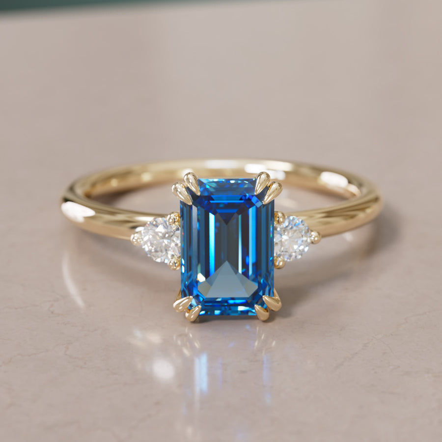 Modern Unique Engagement Ring with Emerald Cut Blue Sapphire Three Stone By Valley Rose