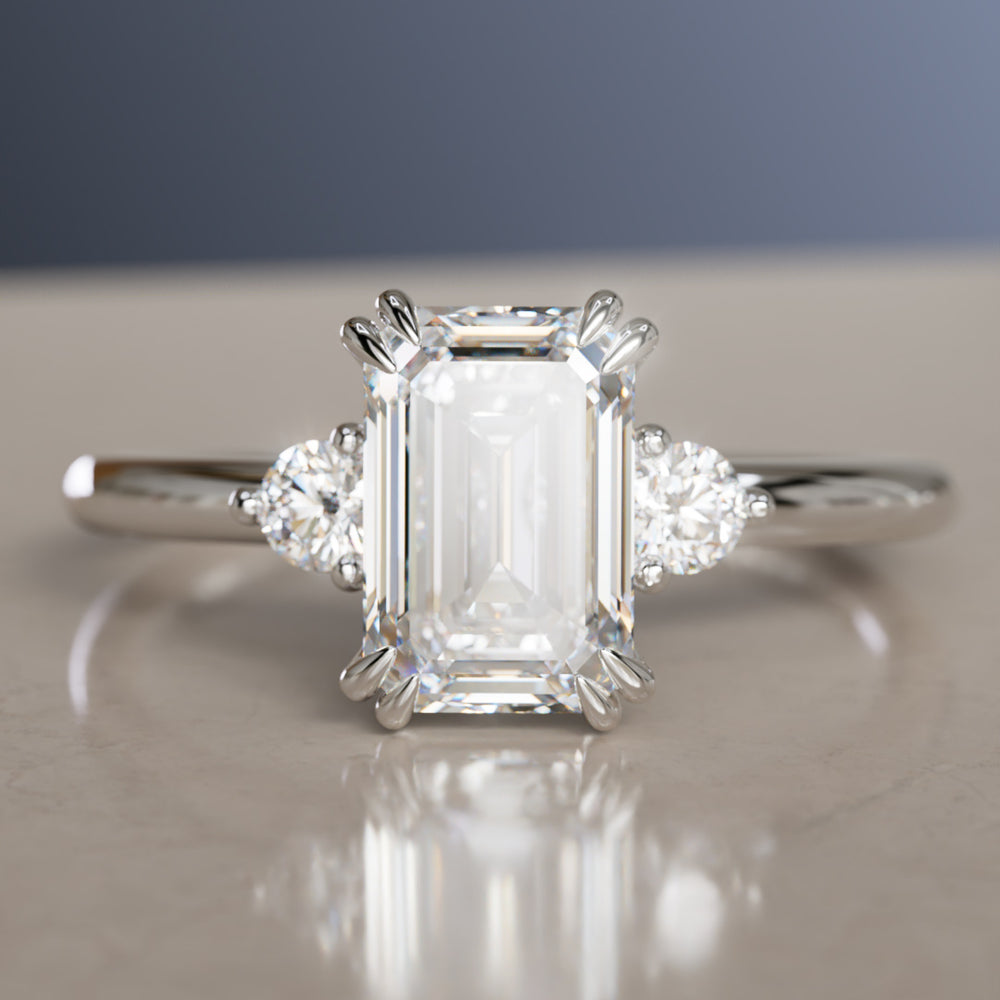 Modern Unique Engagement Ring with Emerald Cut Diamond and Three Stones By Valley Rose