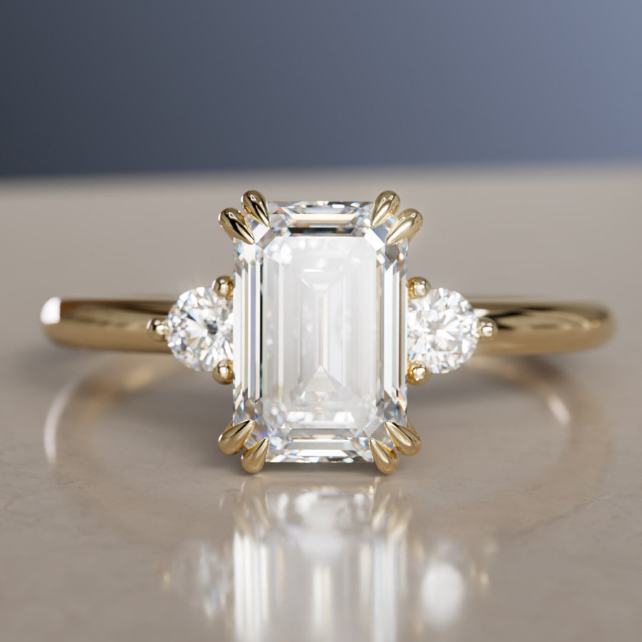 Modern Unique Engagement Ring with Emerald Cut Diamond and Three Stones By Valley Rose