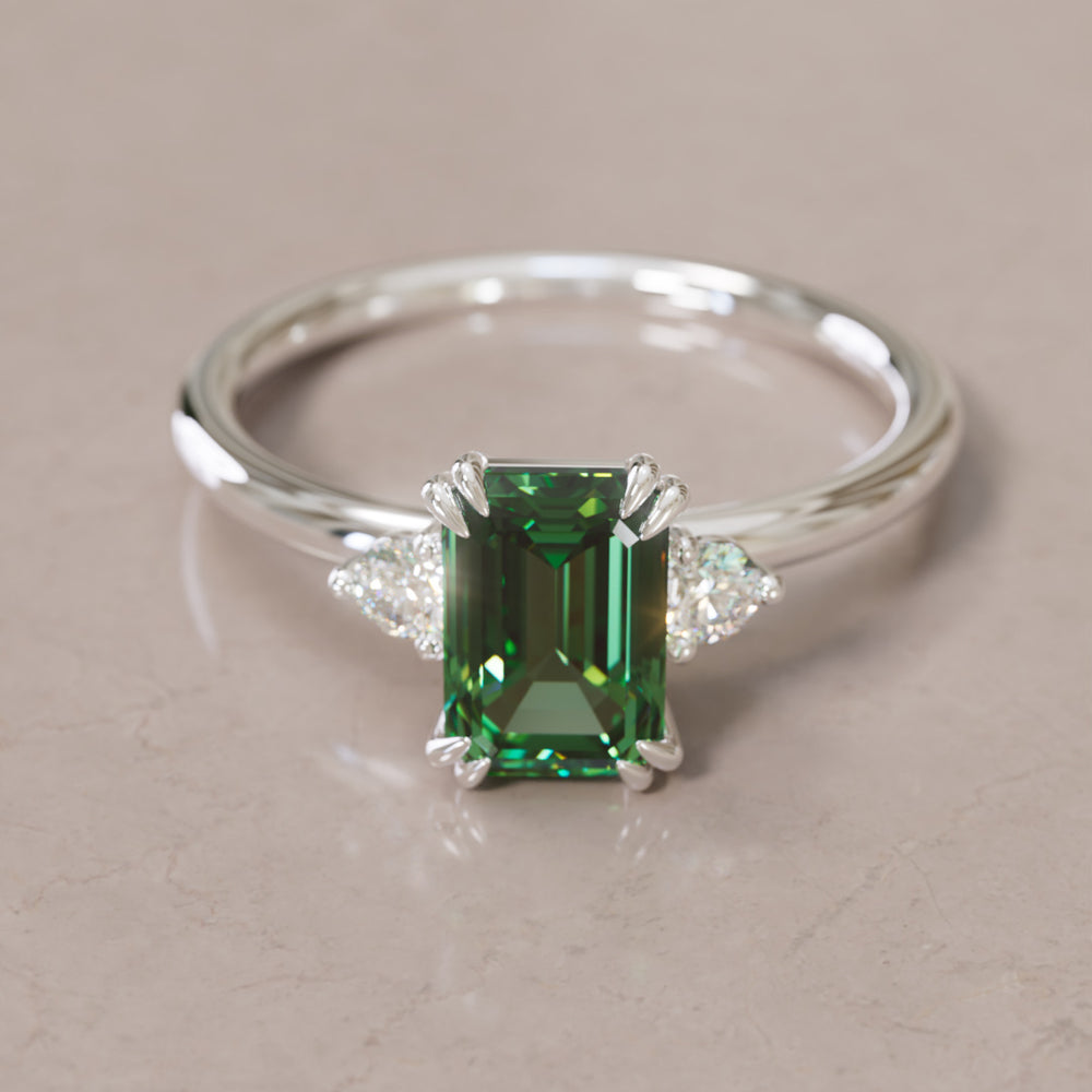 Modern Unique Engagement Ring with Emerald Cut Green Sapphire Three Stone By Valley Rose