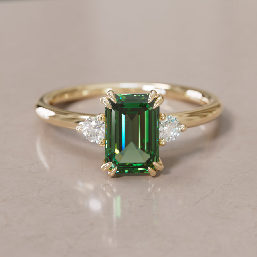Modern Unique Engagement Ring with Emerald Cut Green Sapphire Three Stone By Valley Rose