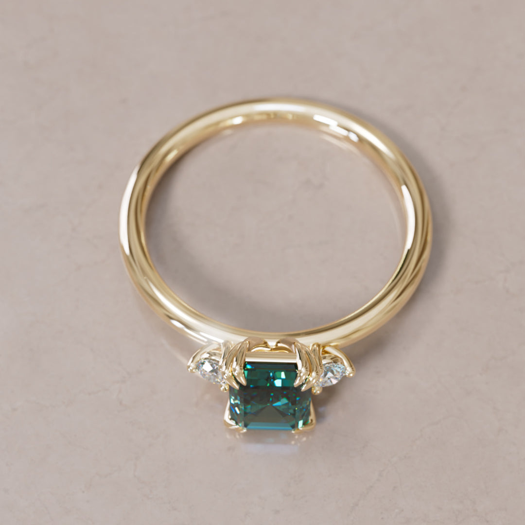 Modern Unique Engagement Ring with Emerald Cut Teal Sapphire Three Stone By Valley Rose