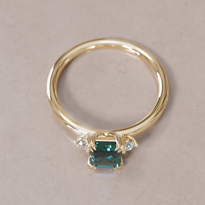 Modern Unique Engagement Ring with Emerald Cut Teal Sapphire Three Stone By Valley Rose