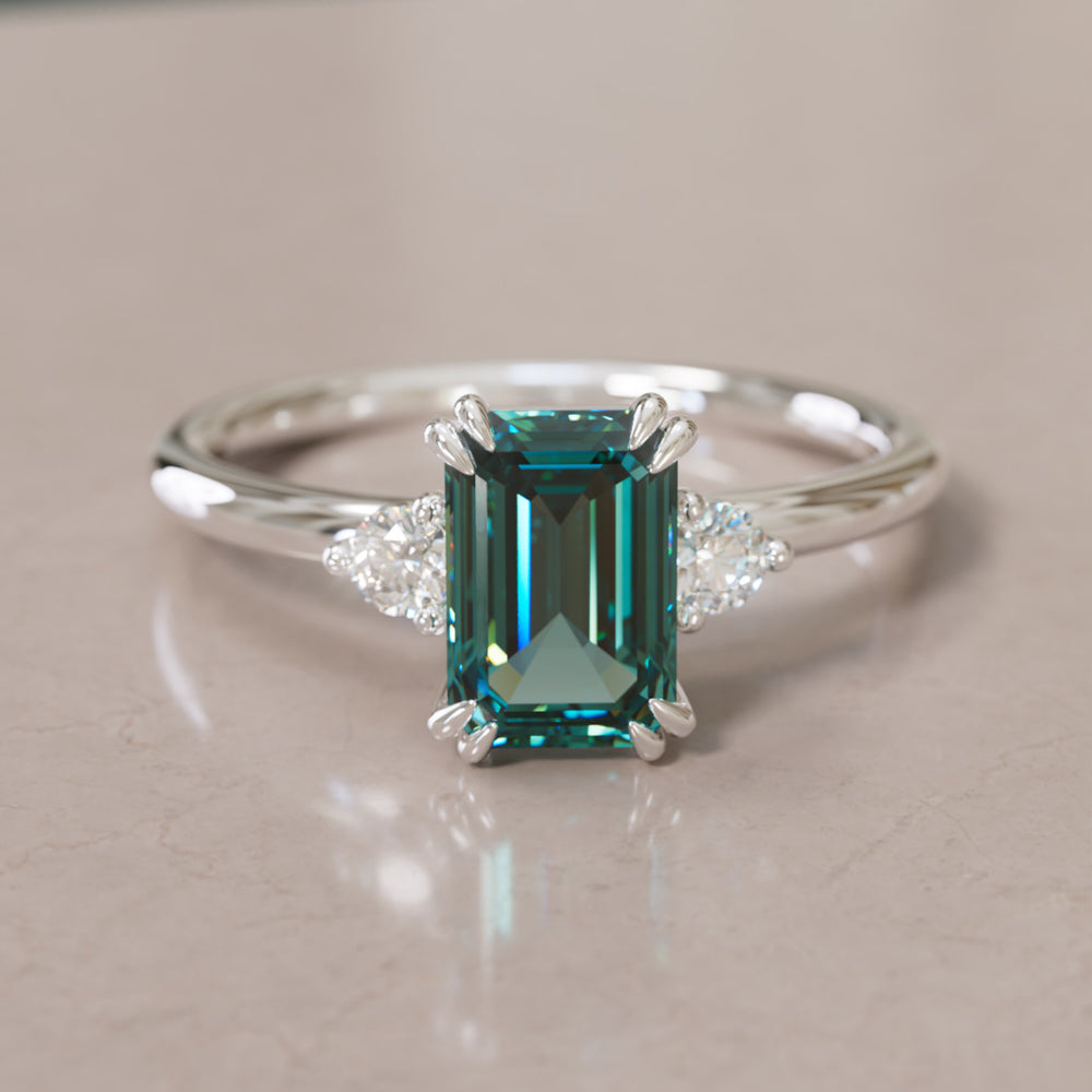 Modern Unique Engagement Ring with Emerald Cut Teal Sapphire Three Stone By Valley Rose