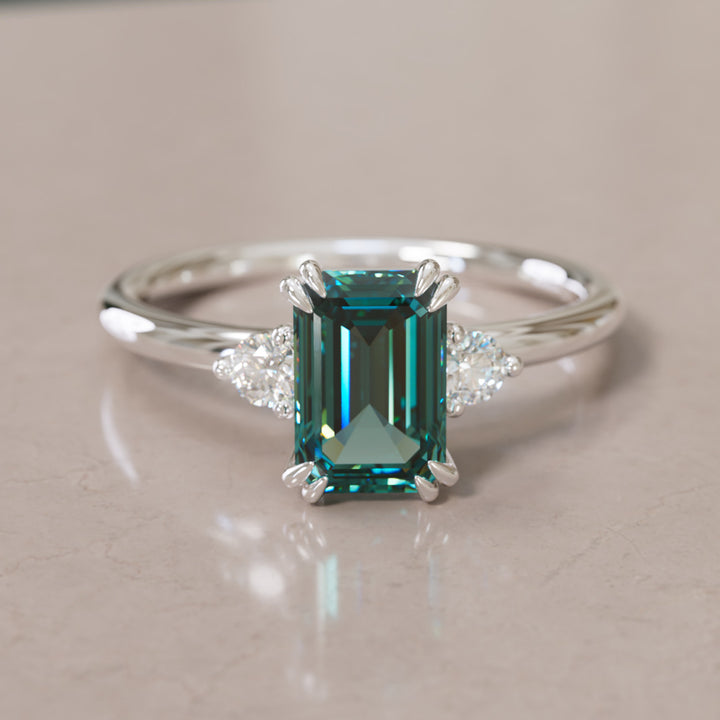 Modern Unique Engagement Ring with Emerald Cut Teal Sapphire Three Stone By Valley Rose
