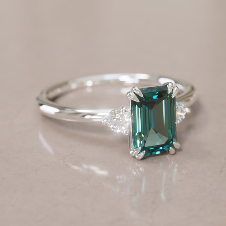 Modern Unique Engagement Ring with Emerald Cut Teal Sapphire Three Stone By Valley Rose