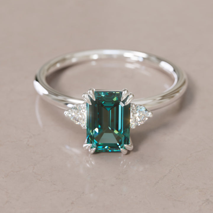 Modern Unique Engagement Ring with Emerald Cut Teal Sapphire Three Stone By Valley Rose