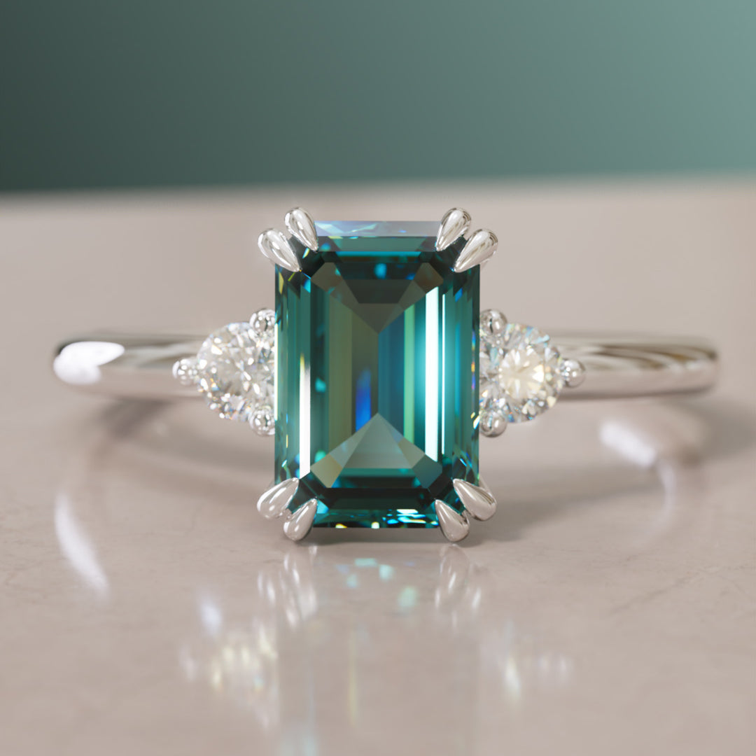 Modern Unique Engagement Ring with Emerald Cut Teal Sapphire Three Stone By Valley Rose