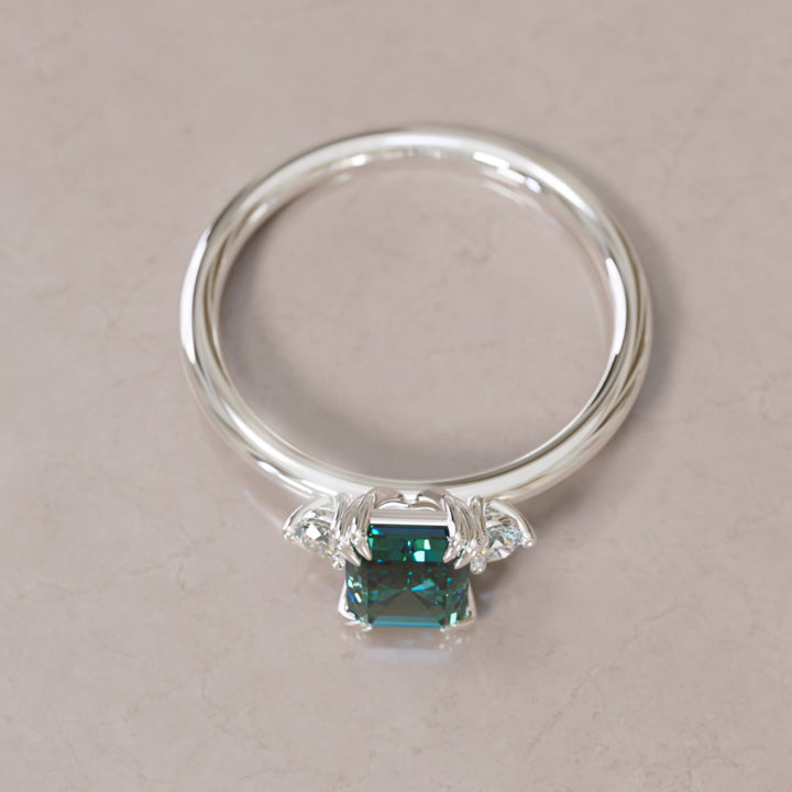 Modern Unique Engagement Ring with Emerald Cut Teal Sapphire Three Stone By Valley Rose