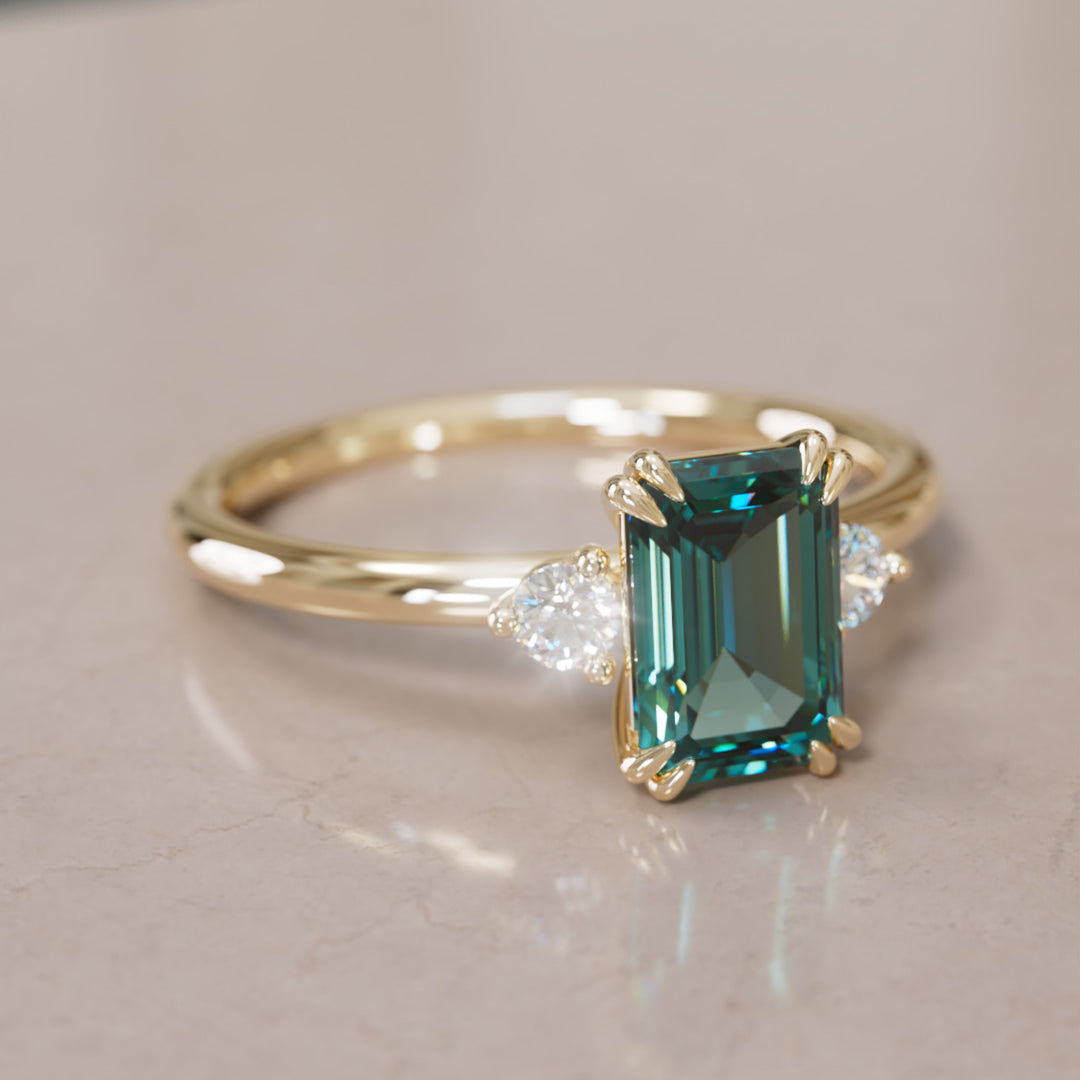 Modern Unique Engagement Ring with Emerald Cut Teal Sapphire Three Stone By Valley Rose