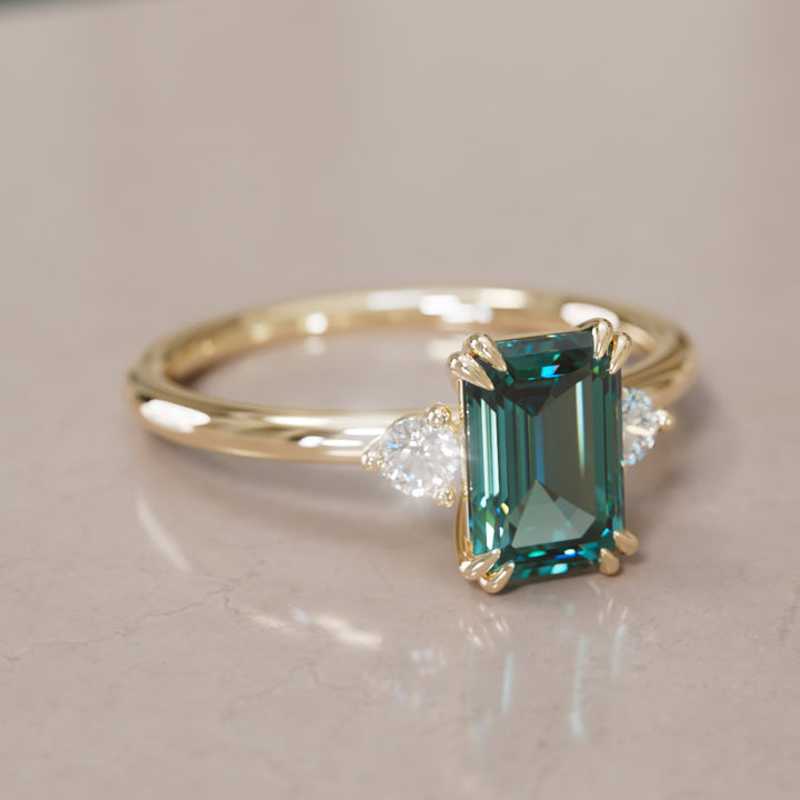 Modern Unique Engagement Ring with Emerald Cut Teal Sapphire Three Stone By Valley Rose