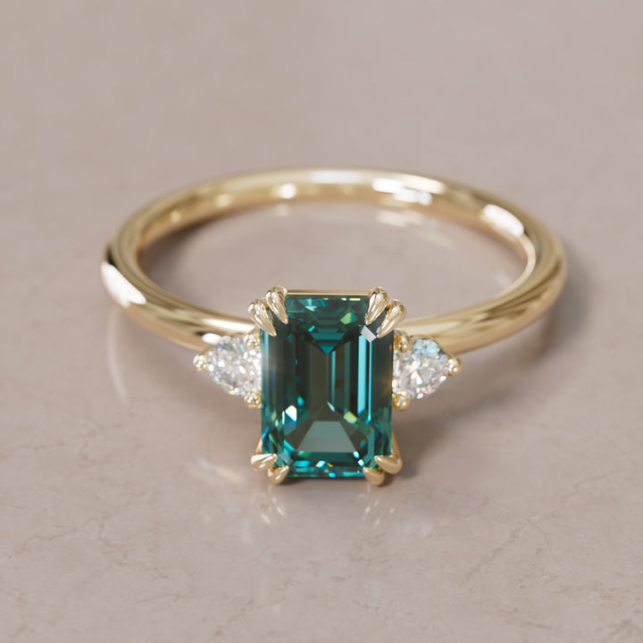 Modern Unique Engagement Ring with Emerald Cut Teal Sapphire Three Stone By Valley Rose