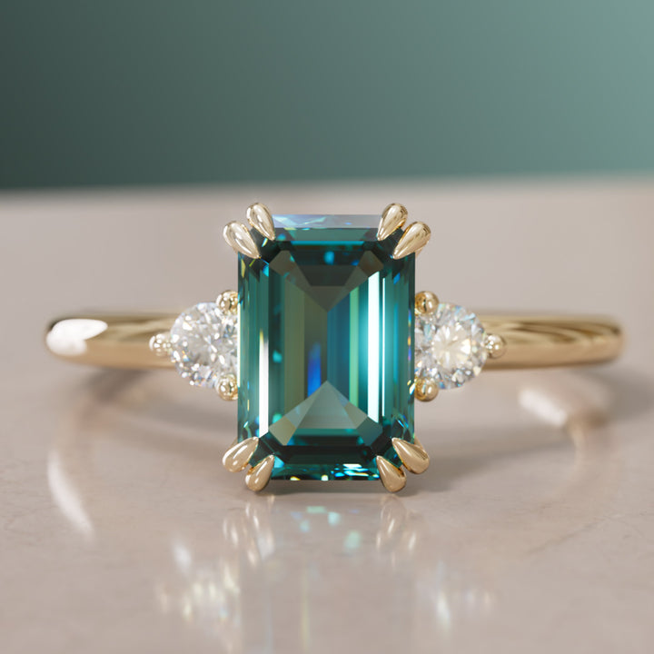 Modern Unique Engagement Ring with Emerald Cut Teal Sapphire Three Stone By Valley Rose