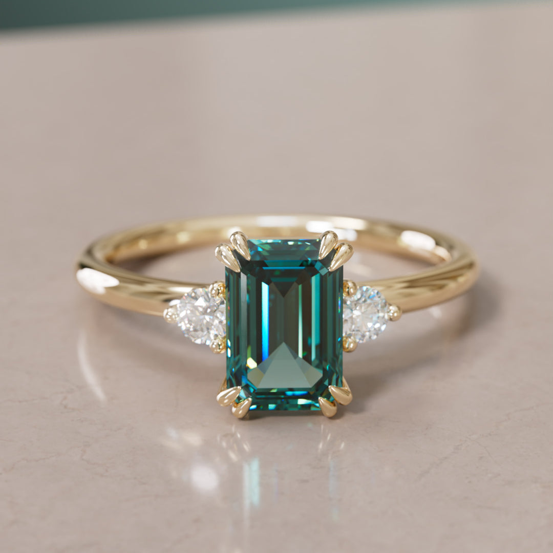 Modern Unique Engagement Ring with Emerald Cut Teal Sapphire Three Stone By Valley Rose