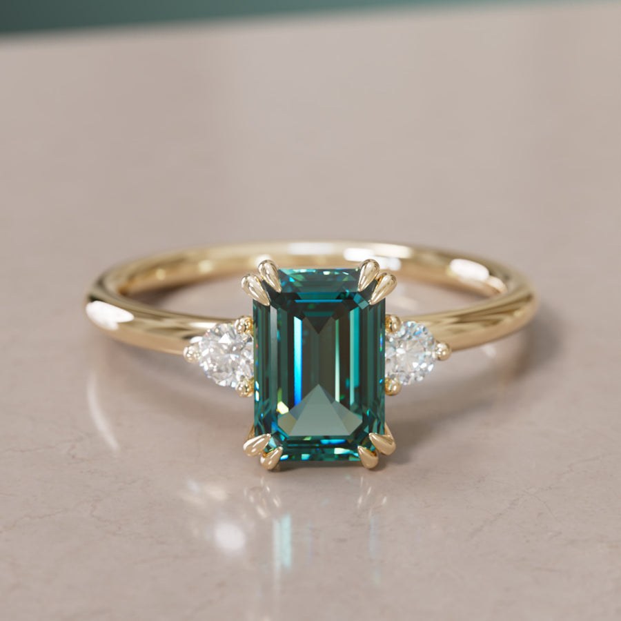 Modern Unique Engagement Ring with Emerald Cut Teal Sapphire Three Stone By Valley Rose