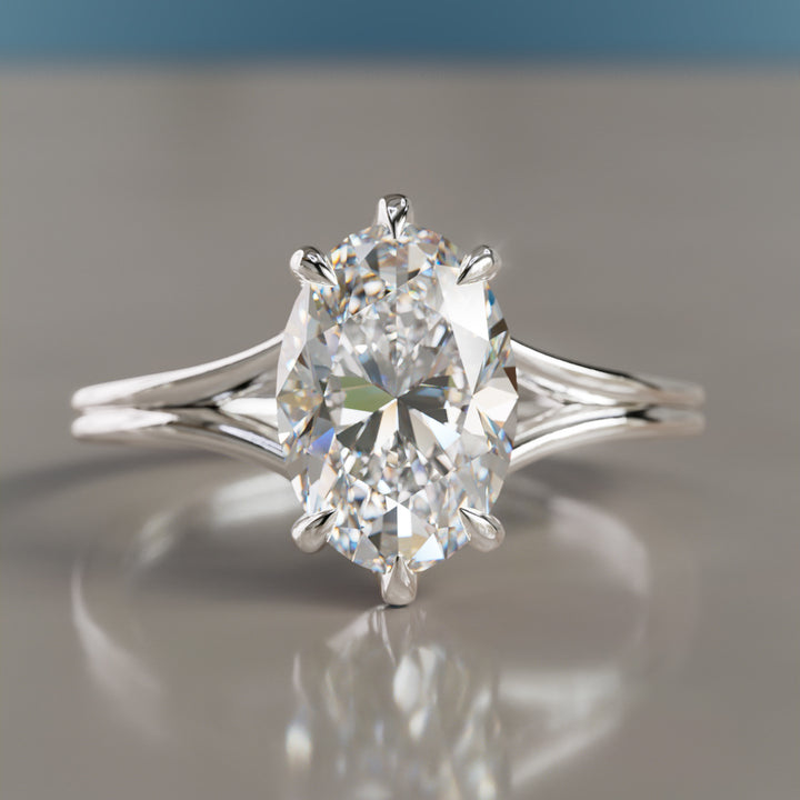 Unique Split Shank Oval Lab Created Diamond Engagement Ring By Valley Rose